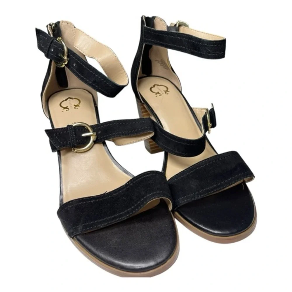 Wonder 9M Black Maya Block Heel Sandal Multi Strap Buckle‎ Gold Hardware Classic